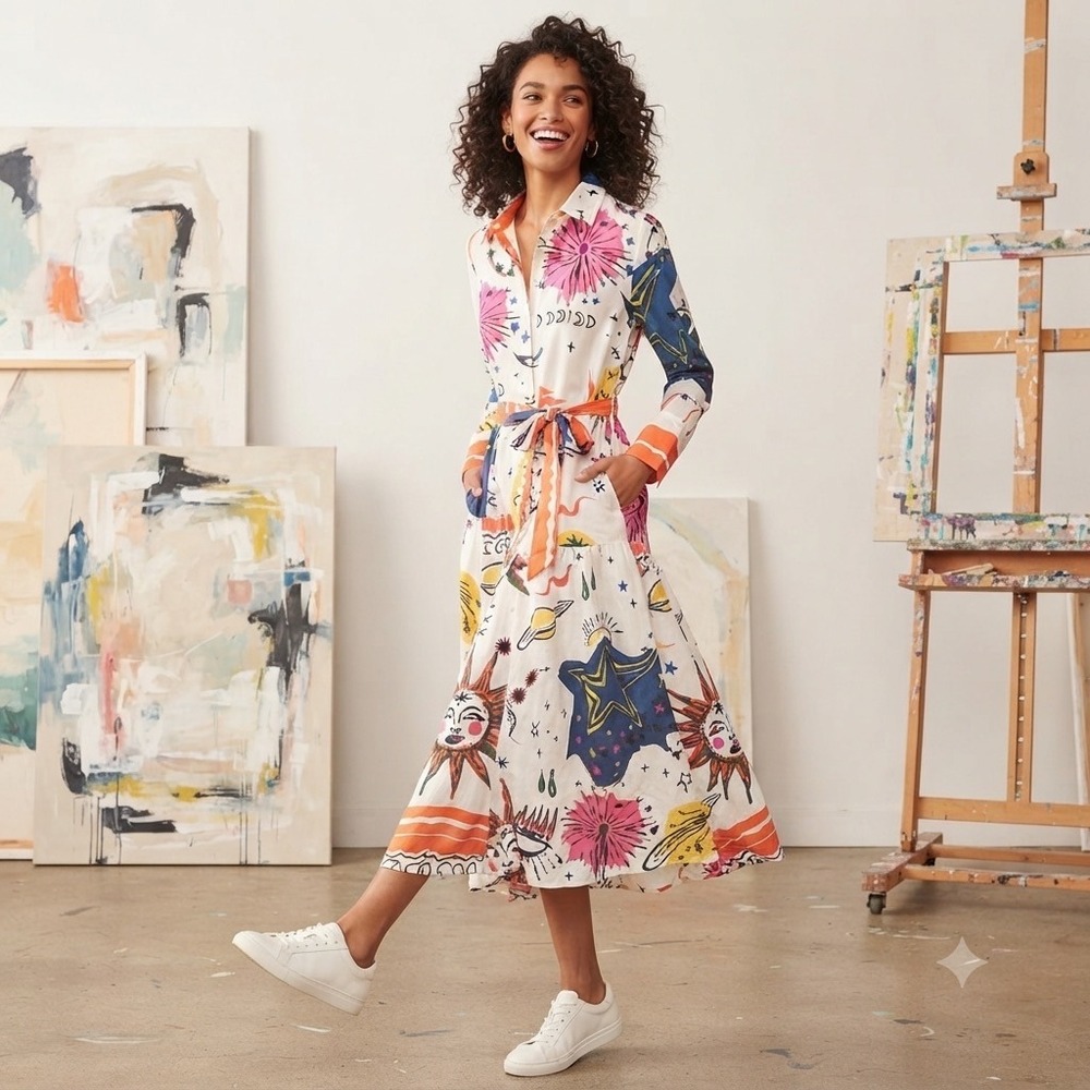 Sunday Up‎ Celestial Cosmic Planet Graphics Long Sleeve Button Maxi Dress Large